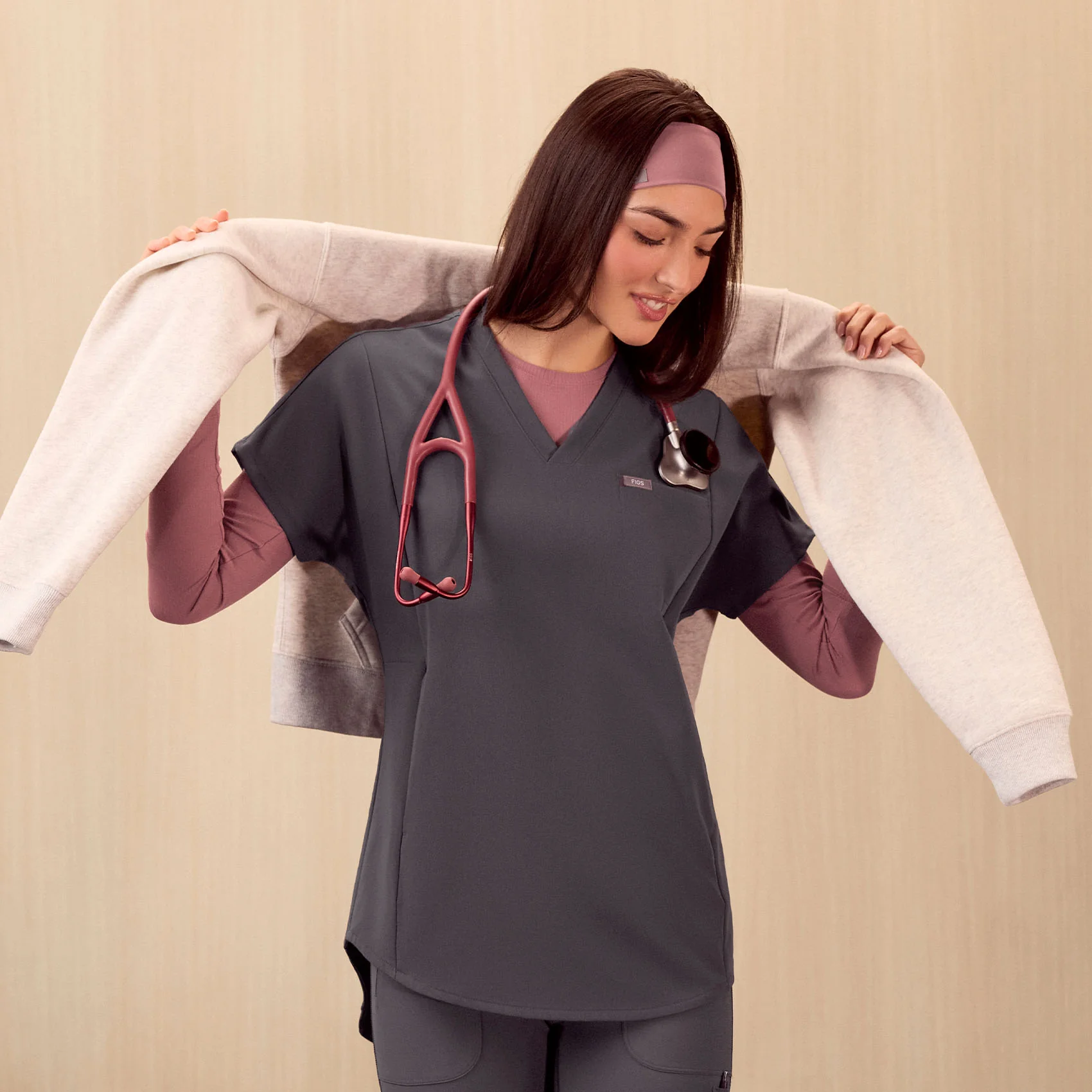 women's Charcoal Addison Oversized Tunic- Scrub Top - Image 2