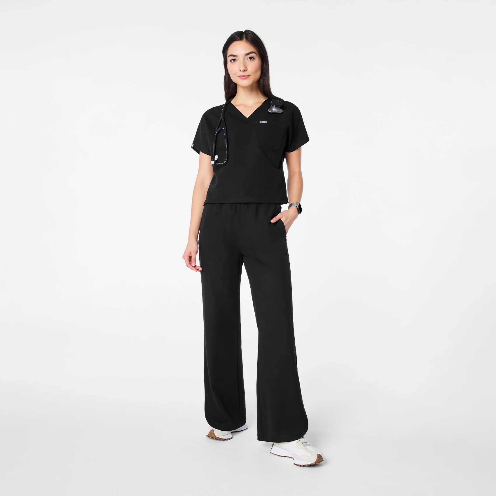 women's Black Arua Cropped V-Neck - One-Pocket Scrub Top - Image 2